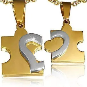 Puzzle Heart Pendants Necklace Set in Gold and Stainless Steel for Men or Women