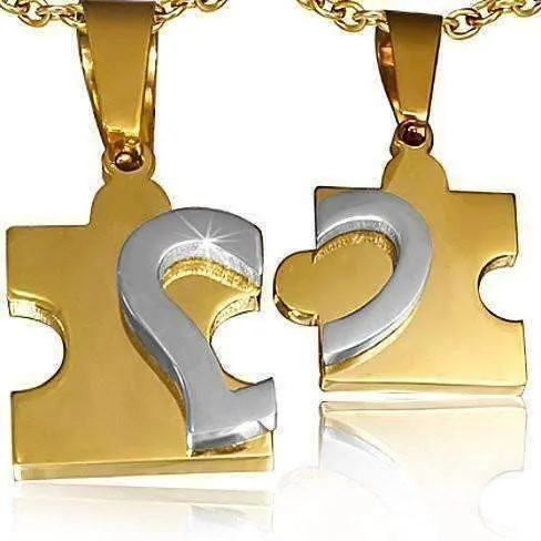 Puzzle Heart Pendants Necklace Set in Gold and Stainless Steel for Men or Women