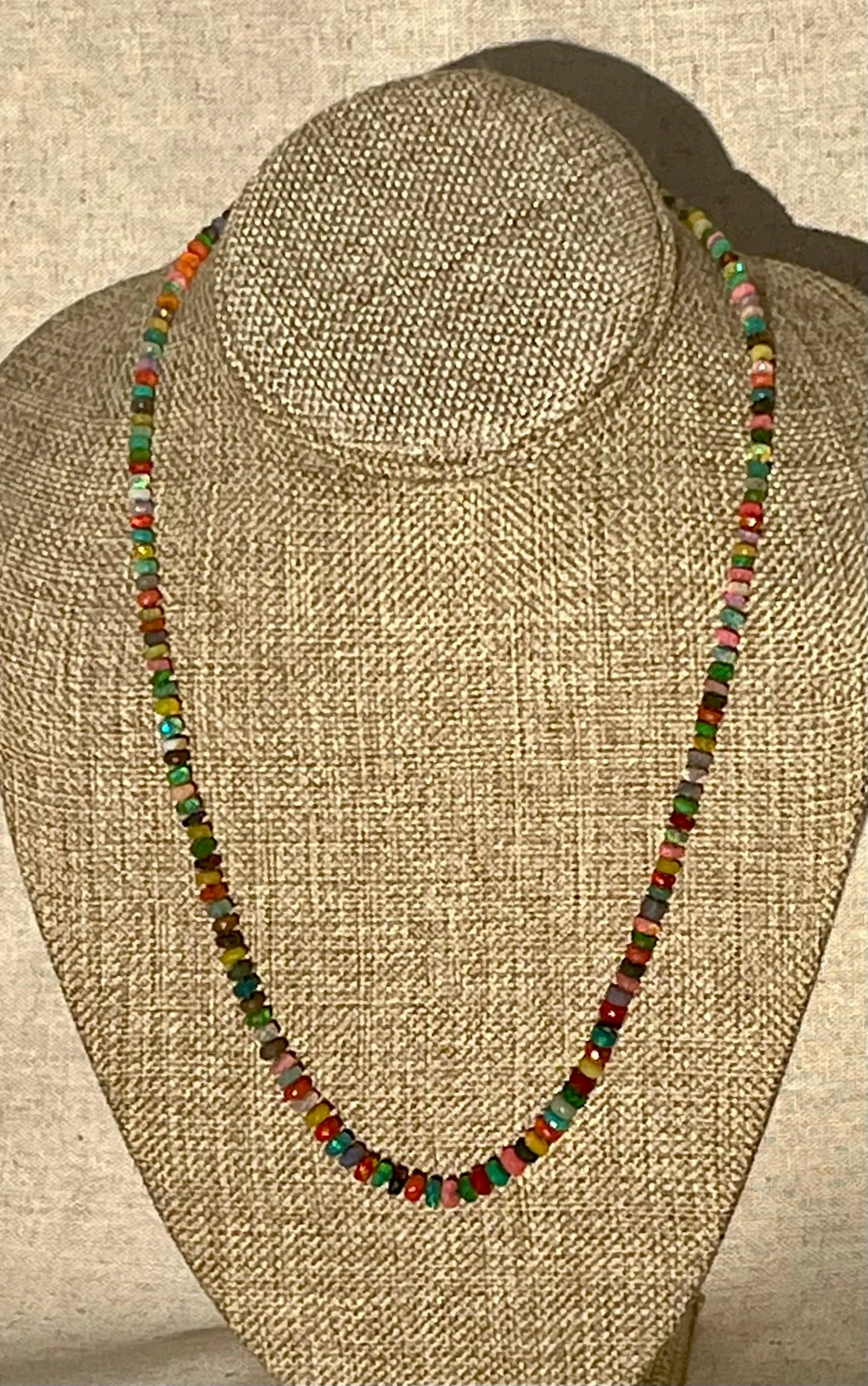 Rainbow multi opal gemstone necklace hand knotted with silk 14K yellow gold clasp