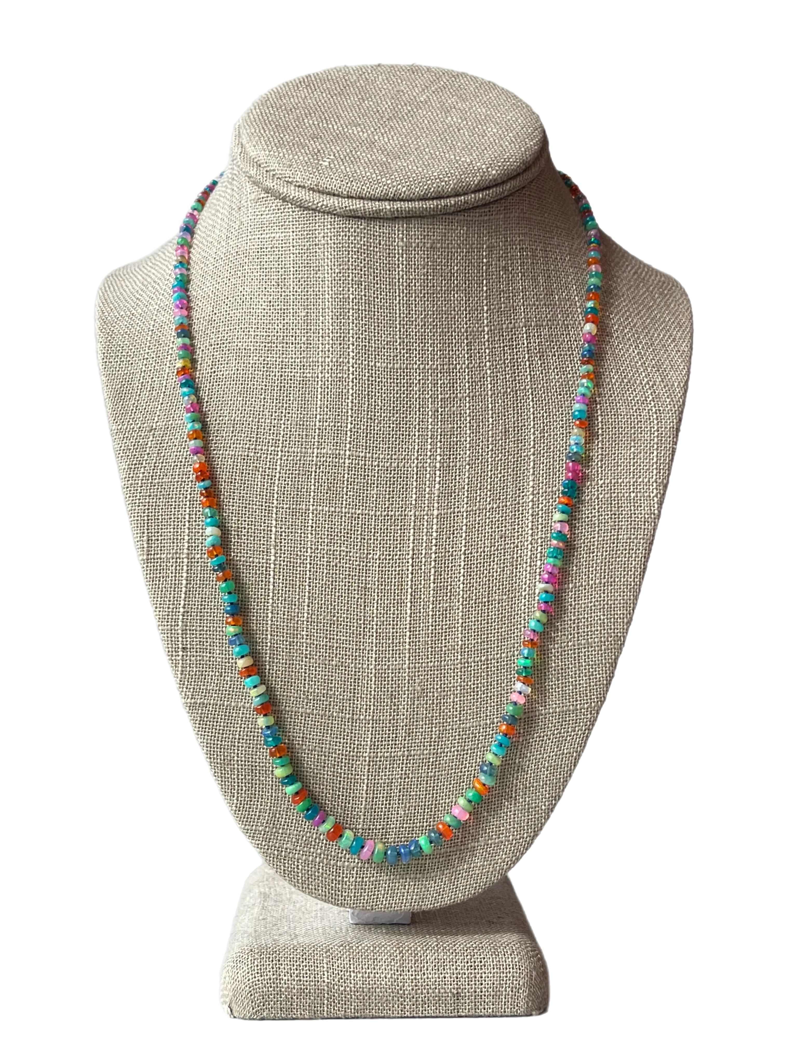 Rainbow multi opal gemstone necklace hand knotted with silk 14K yellow gold clasp