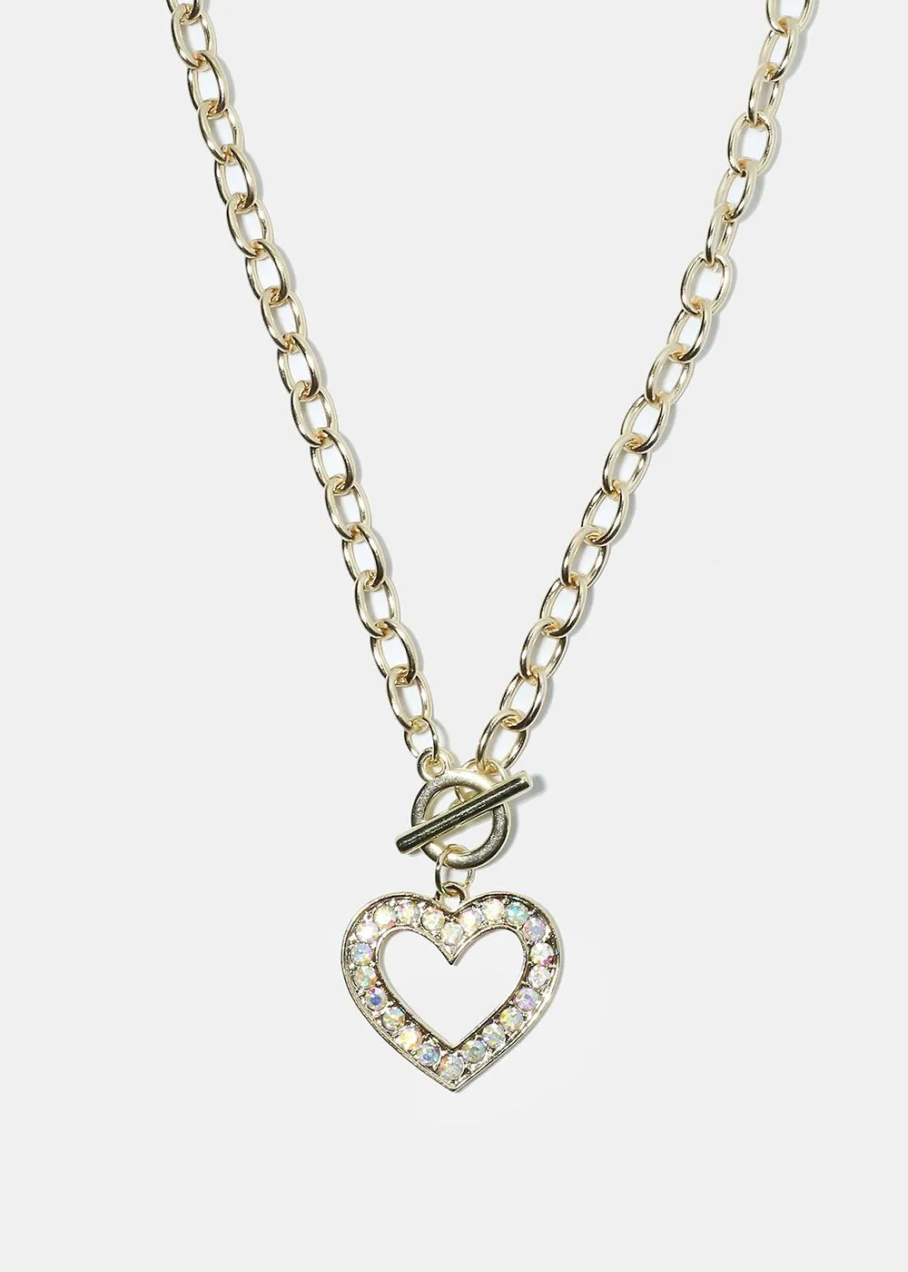 Rhinestone Studded Open Heart Chain Necklace