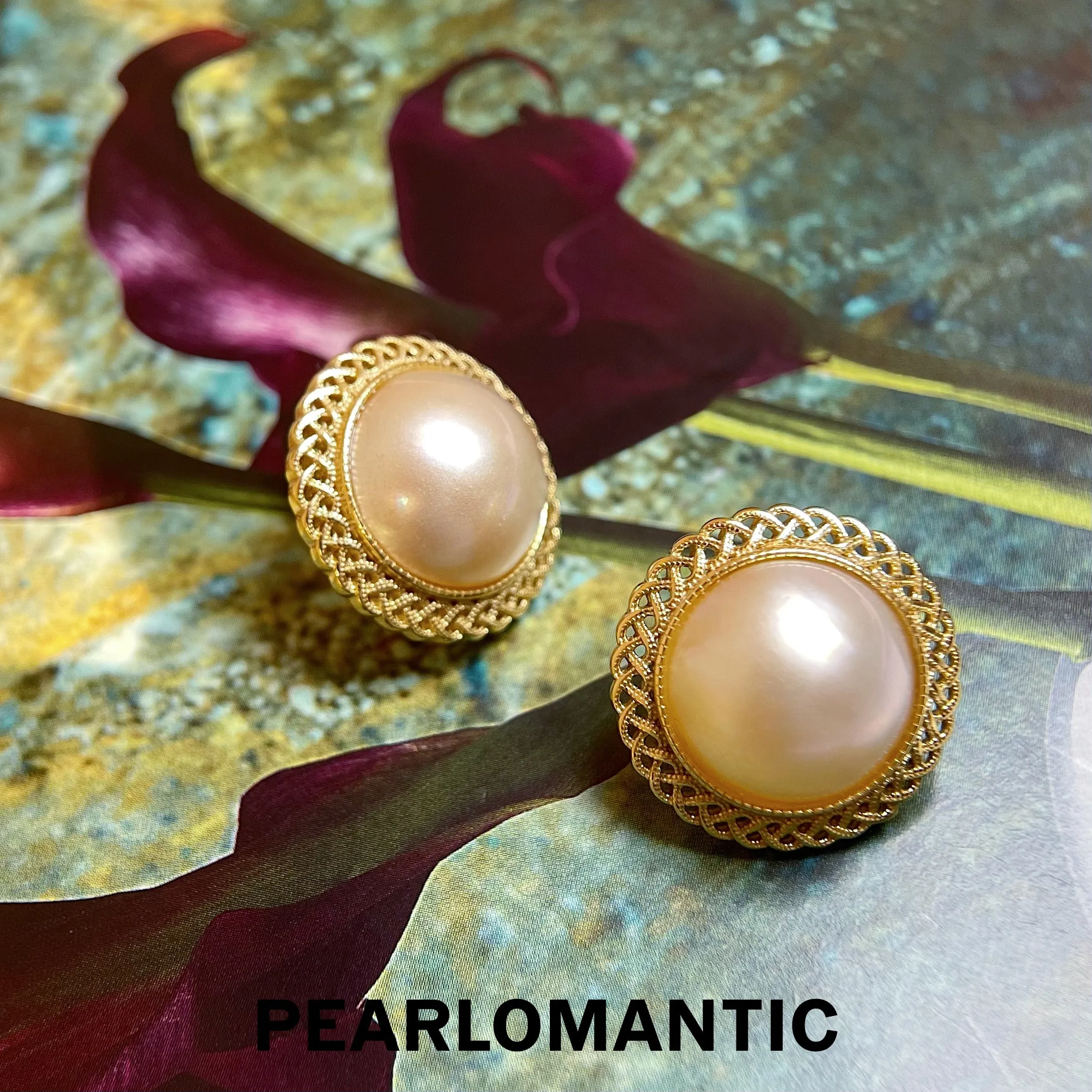 [Sale] Saltwater Mabe Pearl 14-15mm Dusty Rose Earring Studs w/ S925 Silver