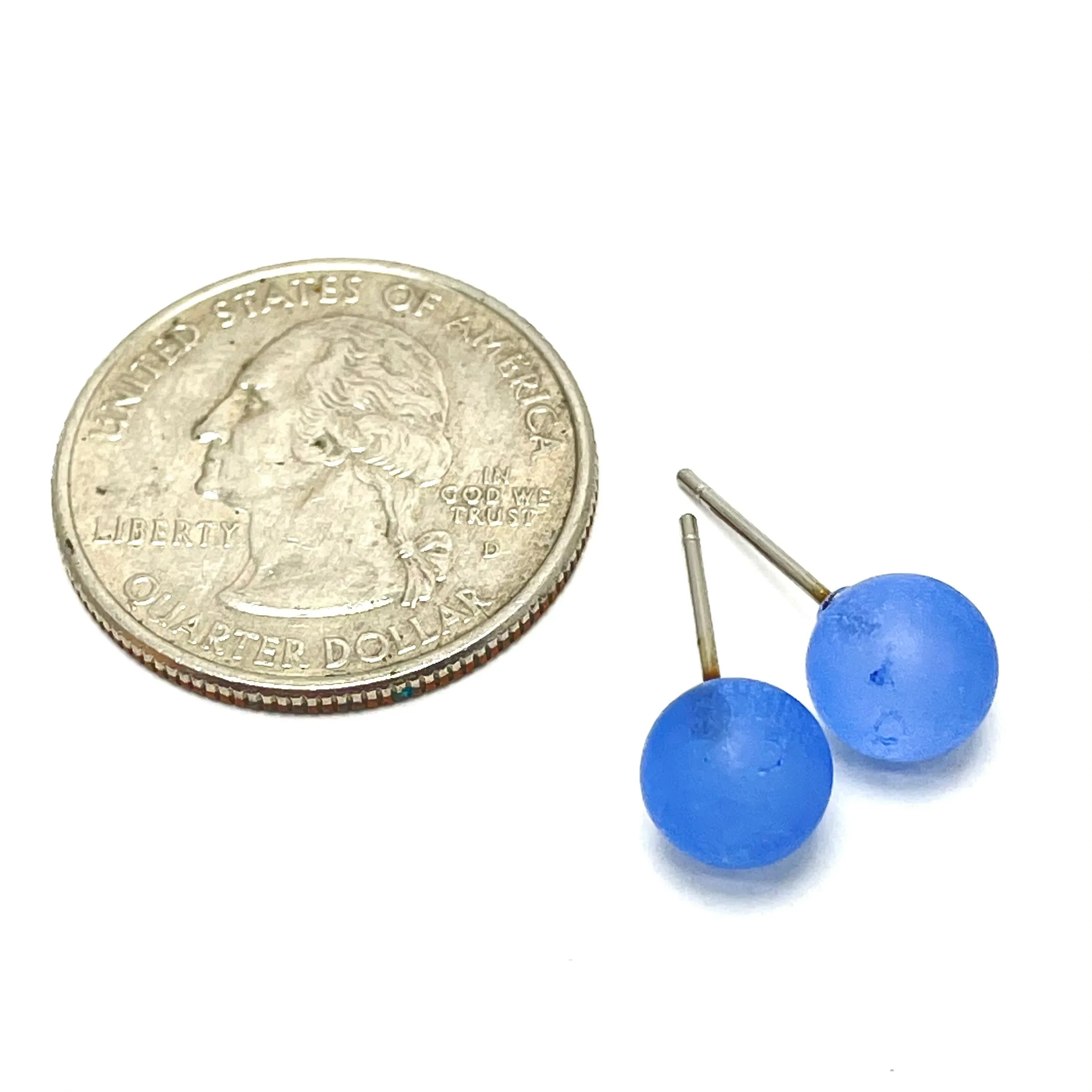 Sapphire Blue Frosted Lucite Mini Ball Stud Earrings