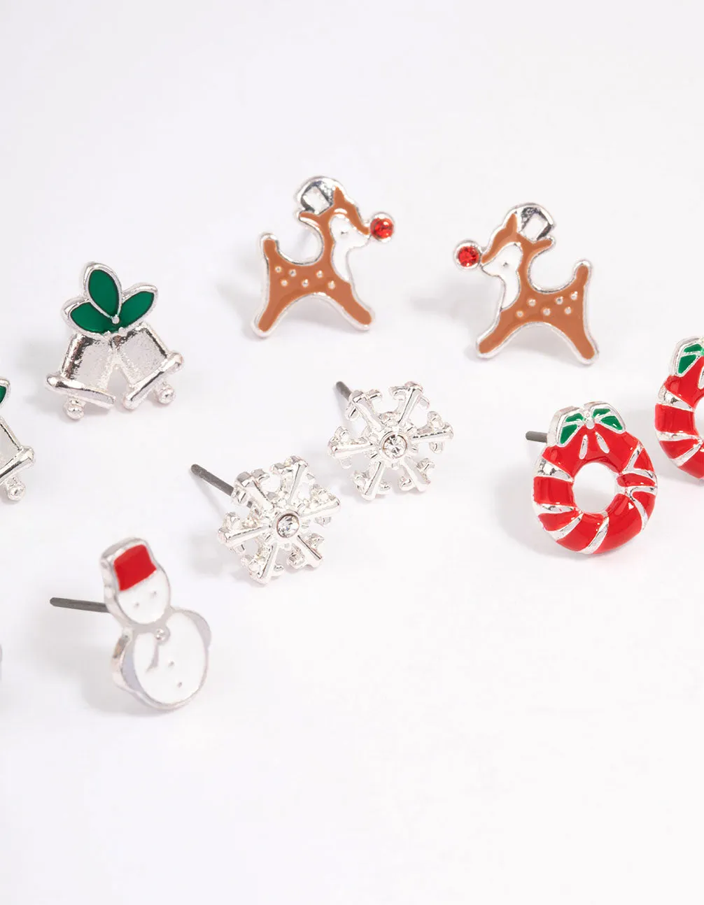 Silver Enamel Christmas Stud Earrings 5-Pack