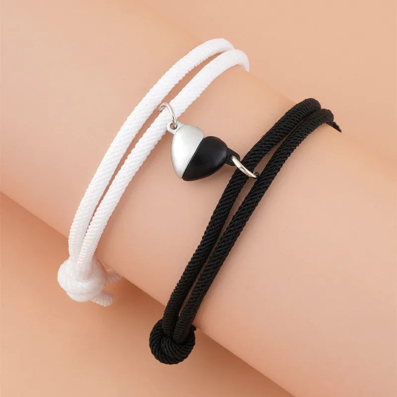 Simple Black And White Heart-shaped Magnetic Buckle Woven Bracelet