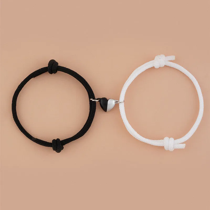 Simple Black And White Heart-shaped Magnetic Buckle Woven Bracelet