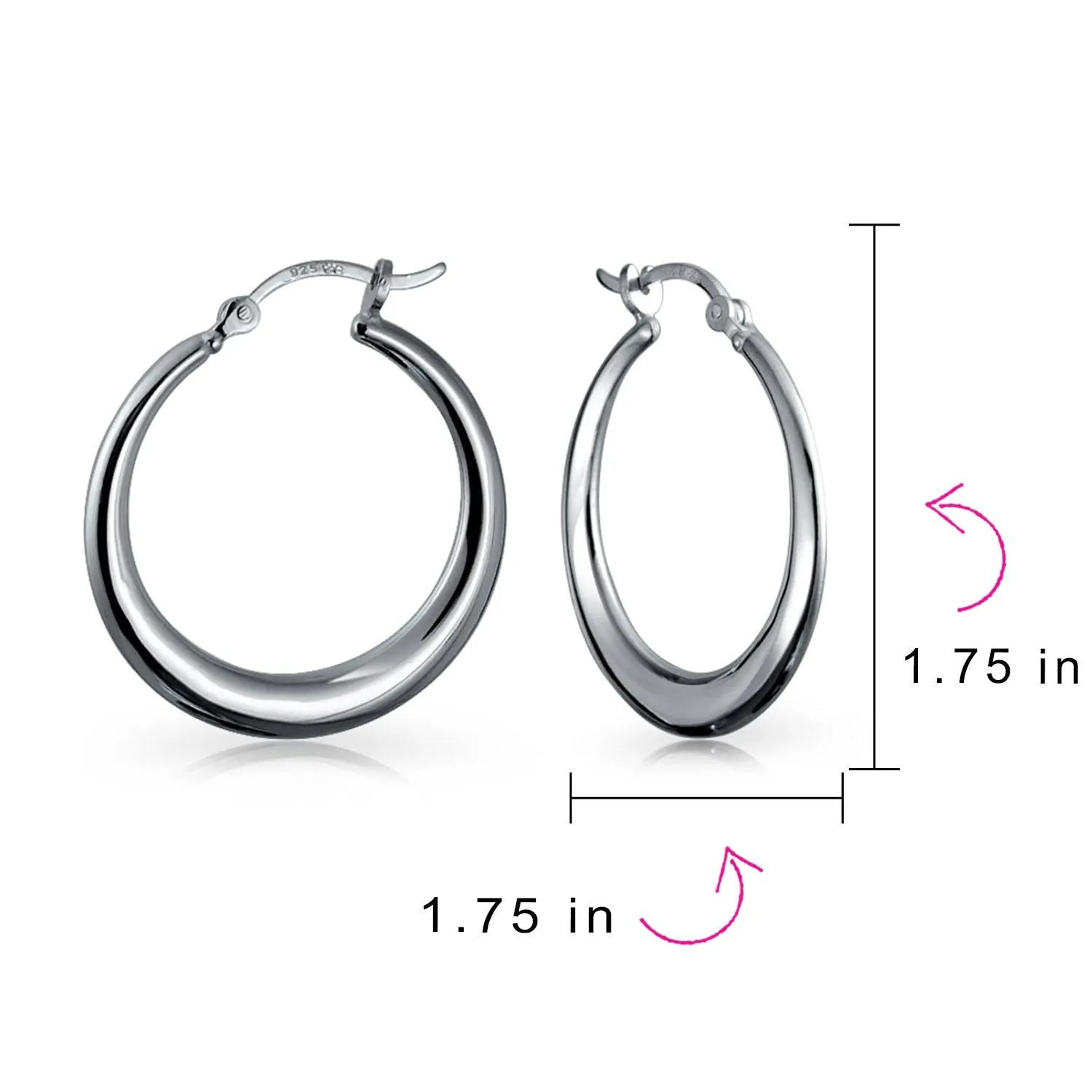 Simple Plain Hoop Huggie Earrings Sterling Silver 1.75 Inch Diameter Notched Post