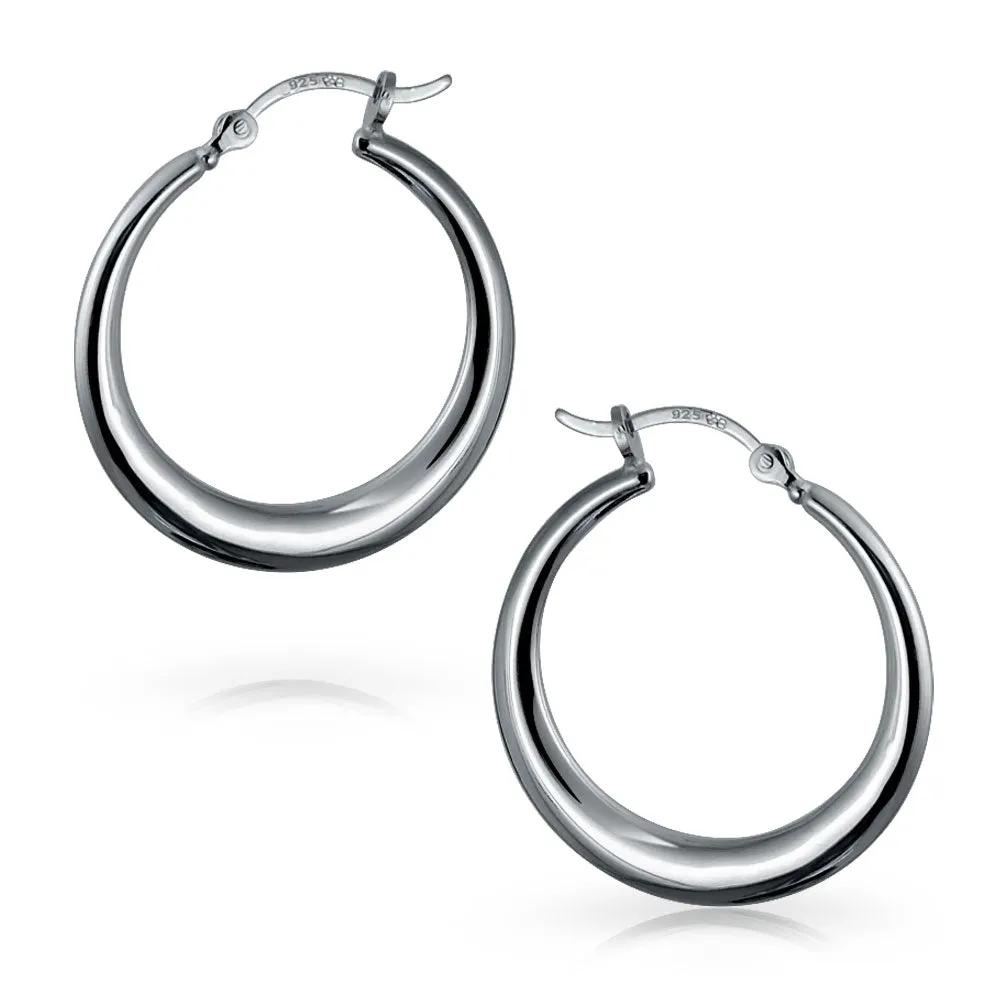 Simple Plain Hoop Huggie Earrings Sterling Silver 1.75 Inch Diameter Notched Post