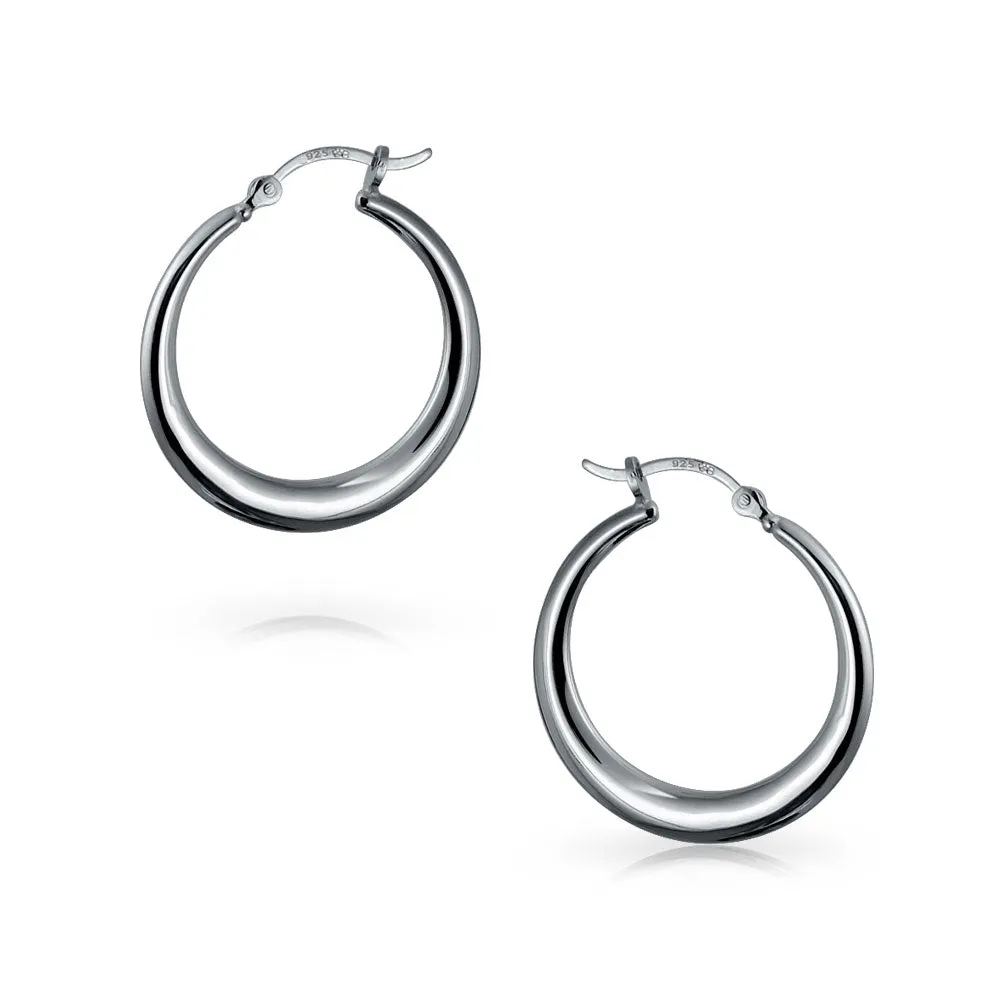 Simple Plain Hoop Huggie Earrings Sterling Silver 1.75 Inch Diameter Notched Post