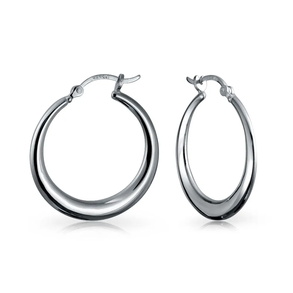 Simple Plain Hoop Huggie Earrings Sterling Silver 1.75 Inch Diameter Notched Post