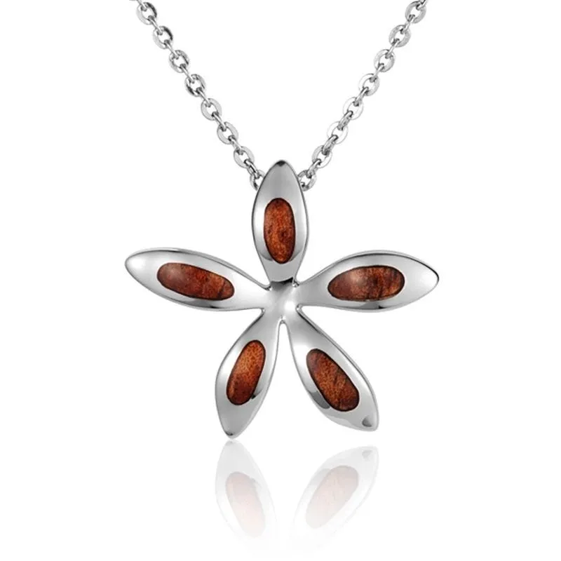 Sterling Silver Koa Wood Plumeria Flower Pendant18" Necklace