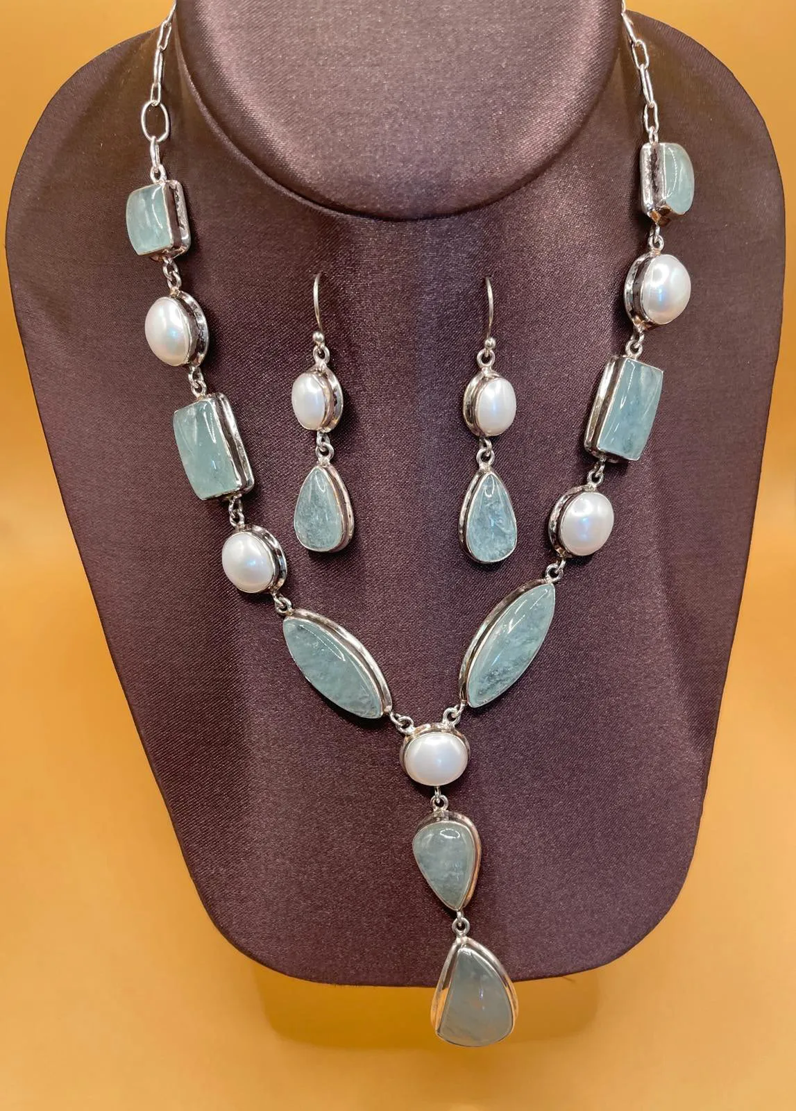 Sterling Silver Tibetan Blue Aquamarine with Pearl Necklace and Earring Set