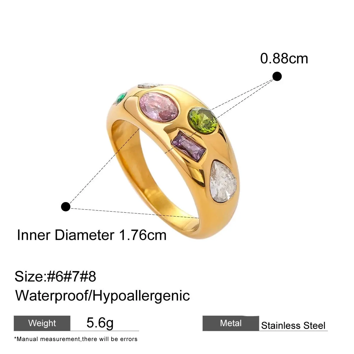 VAIGE Vibrant Multi-Color Zirconia Stainless Steel Gold Tension Ring