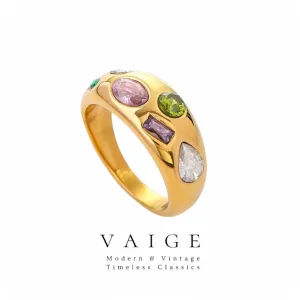 VAIGE Vibrant Multi-Color Zirconia Stainless Steel Gold Tension Ring