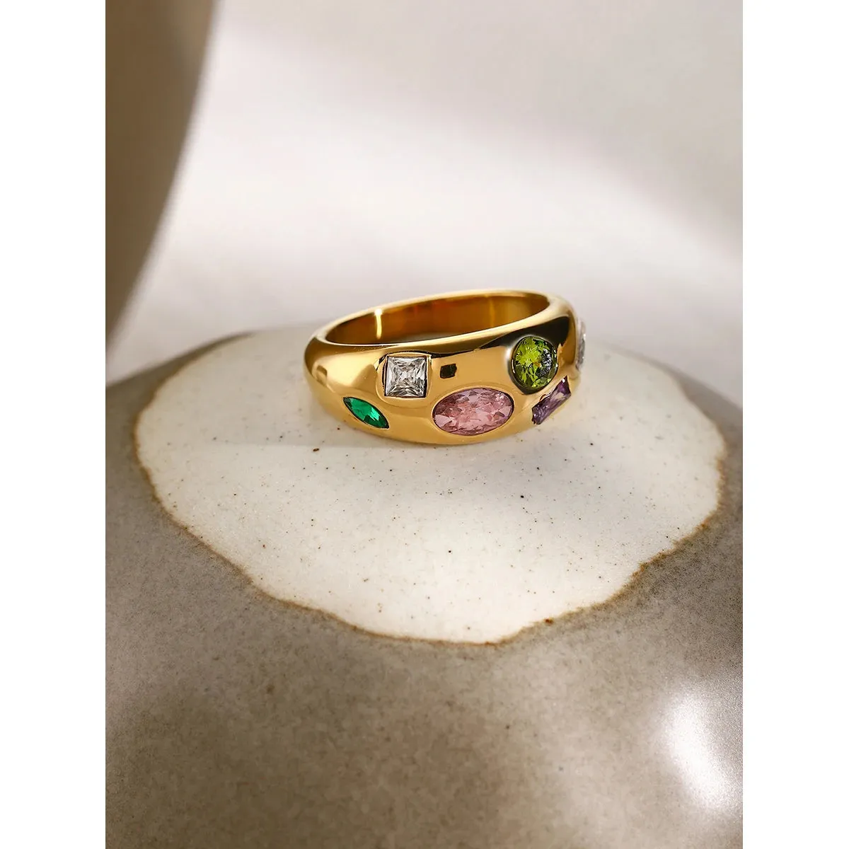 VAIGE Vibrant Multi-Color Zirconia Stainless Steel Gold Tension Ring