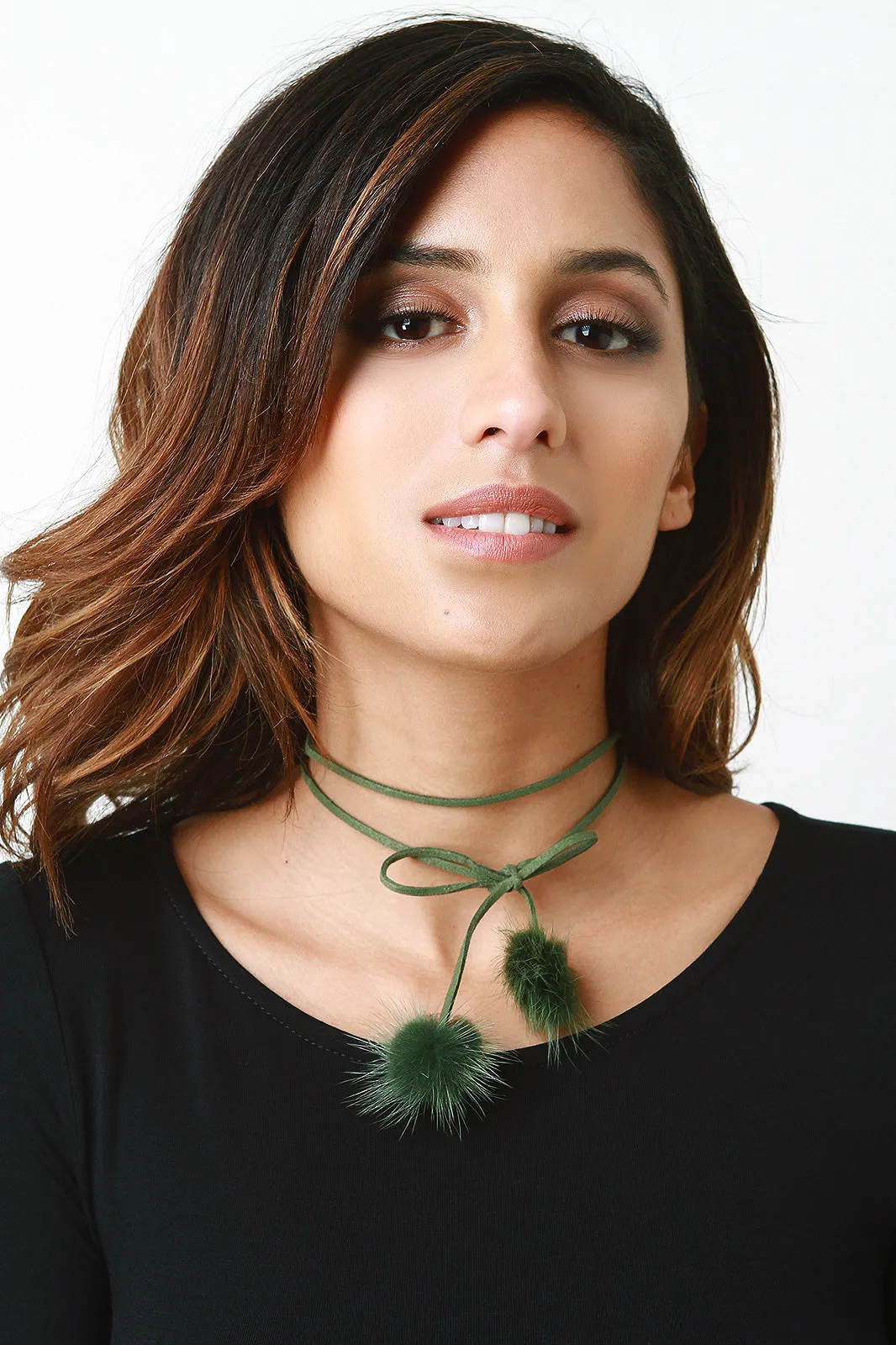 Vegan Leather Pom Pom Choker Necklace