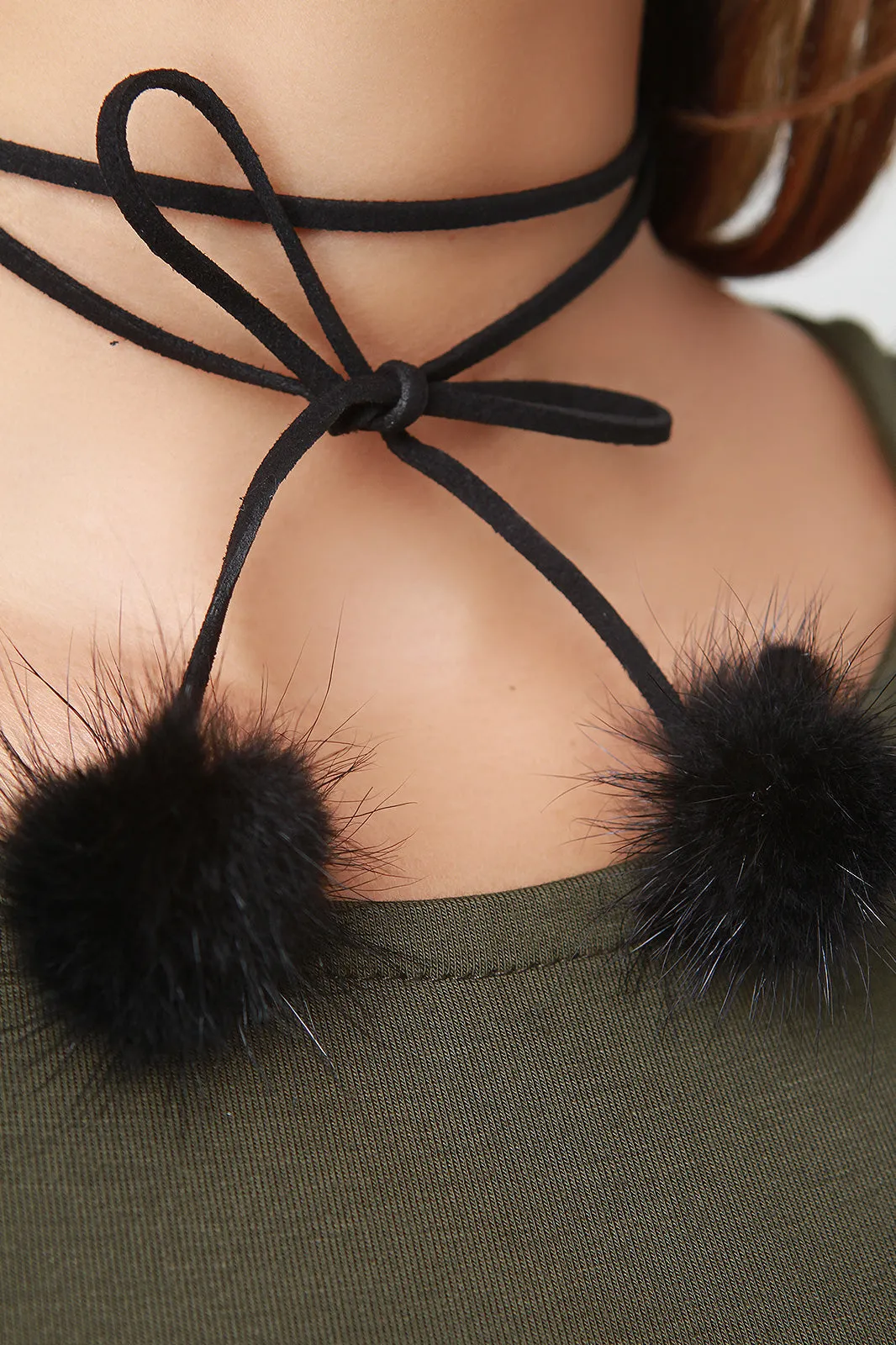 Vegan Leather Pom Pom Choker Necklace