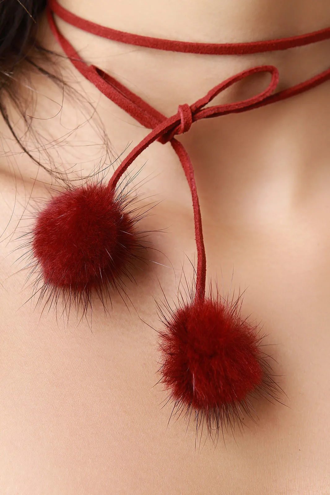 Vegan Leather Pom Pom Choker Necklace