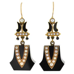 Victorian 15kt Onyx, Seed Pearl & Enamel Earrings