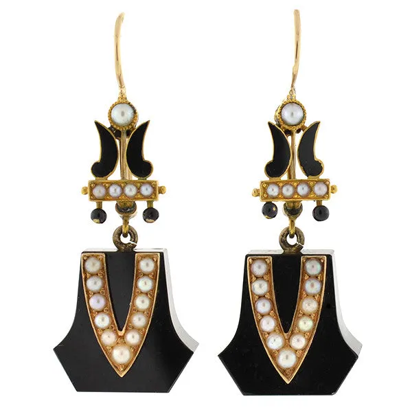 Victorian 15kt Onyx, Seed Pearl & Enamel Earrings