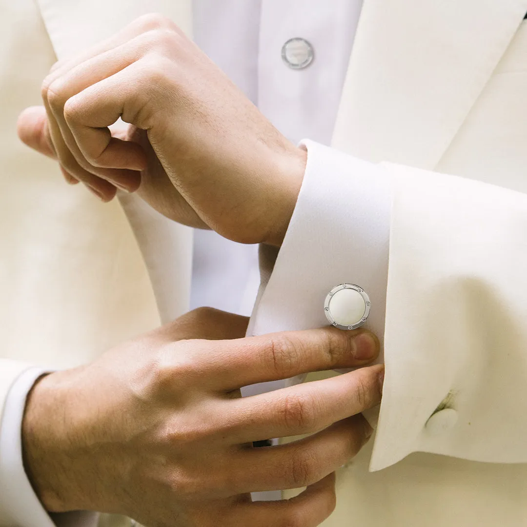 White Mother of Pearl Etch Detail Sterling Tuxedo Studs