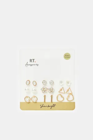 Women Gold Embellished Studs Set (9 Pairs)